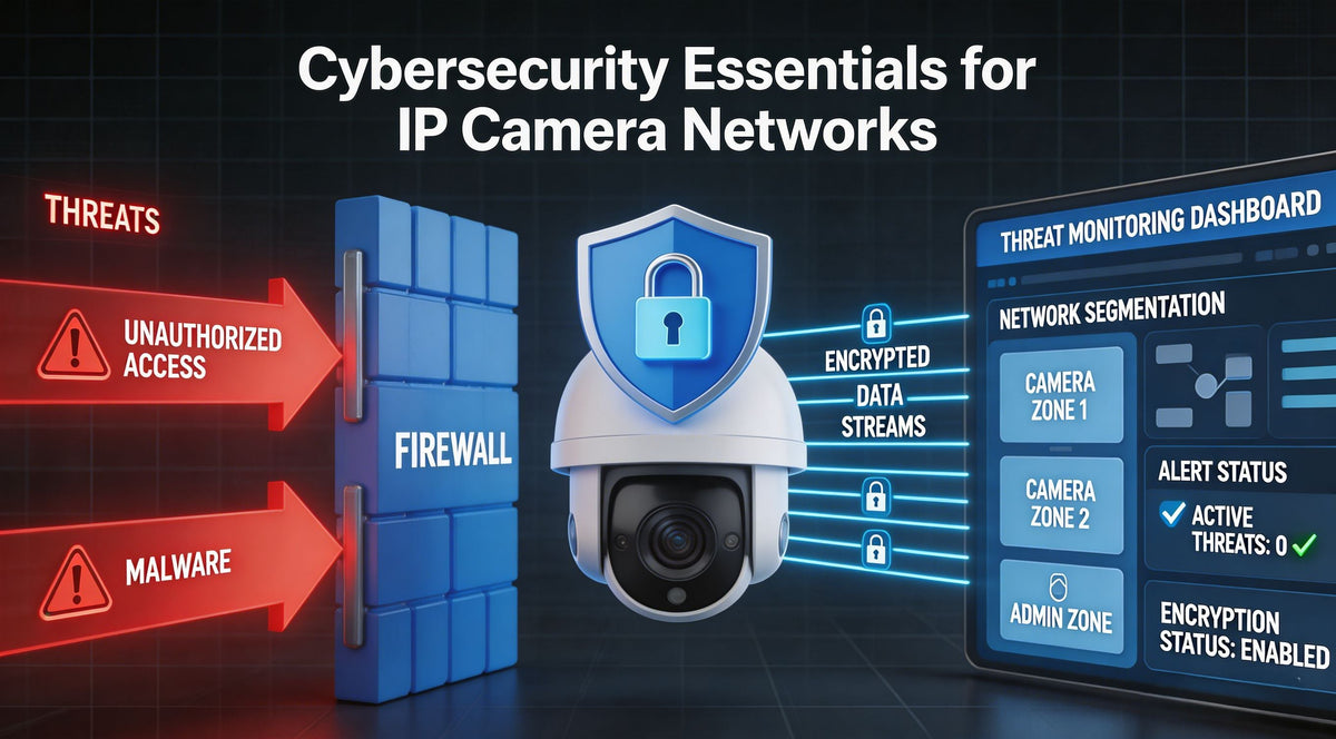 Cybersecurity protection for IP camera networks showing firewall implementation, encrypted connections, network segmentation, and security threat monitoring dashboard