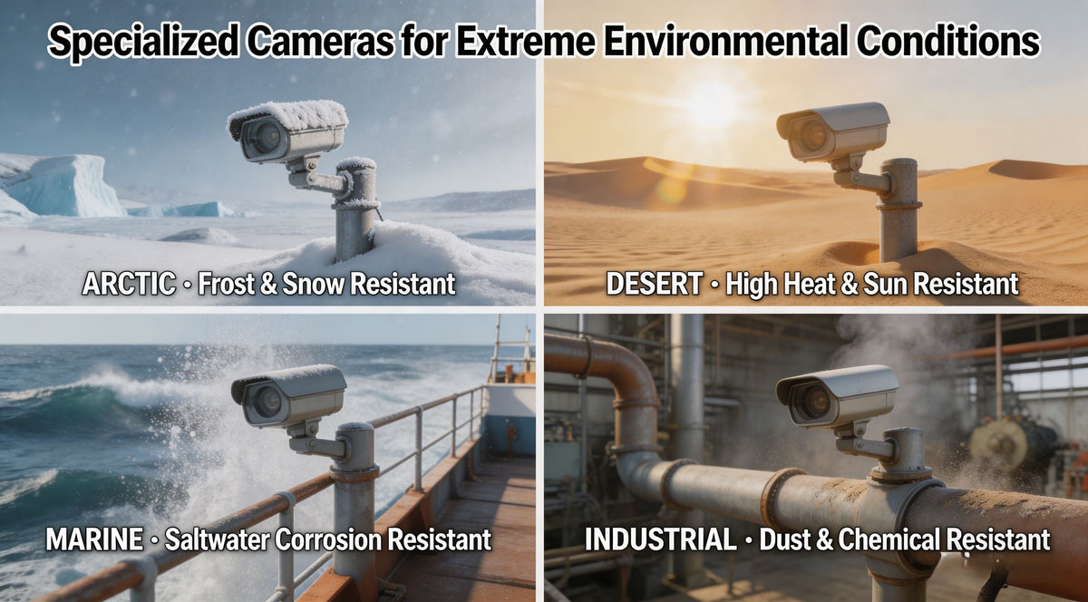 Rugged security cameras operating in extreme environments: industrial facilities, arctic conditions, desert heat, marine applications, and explosion-proof installations