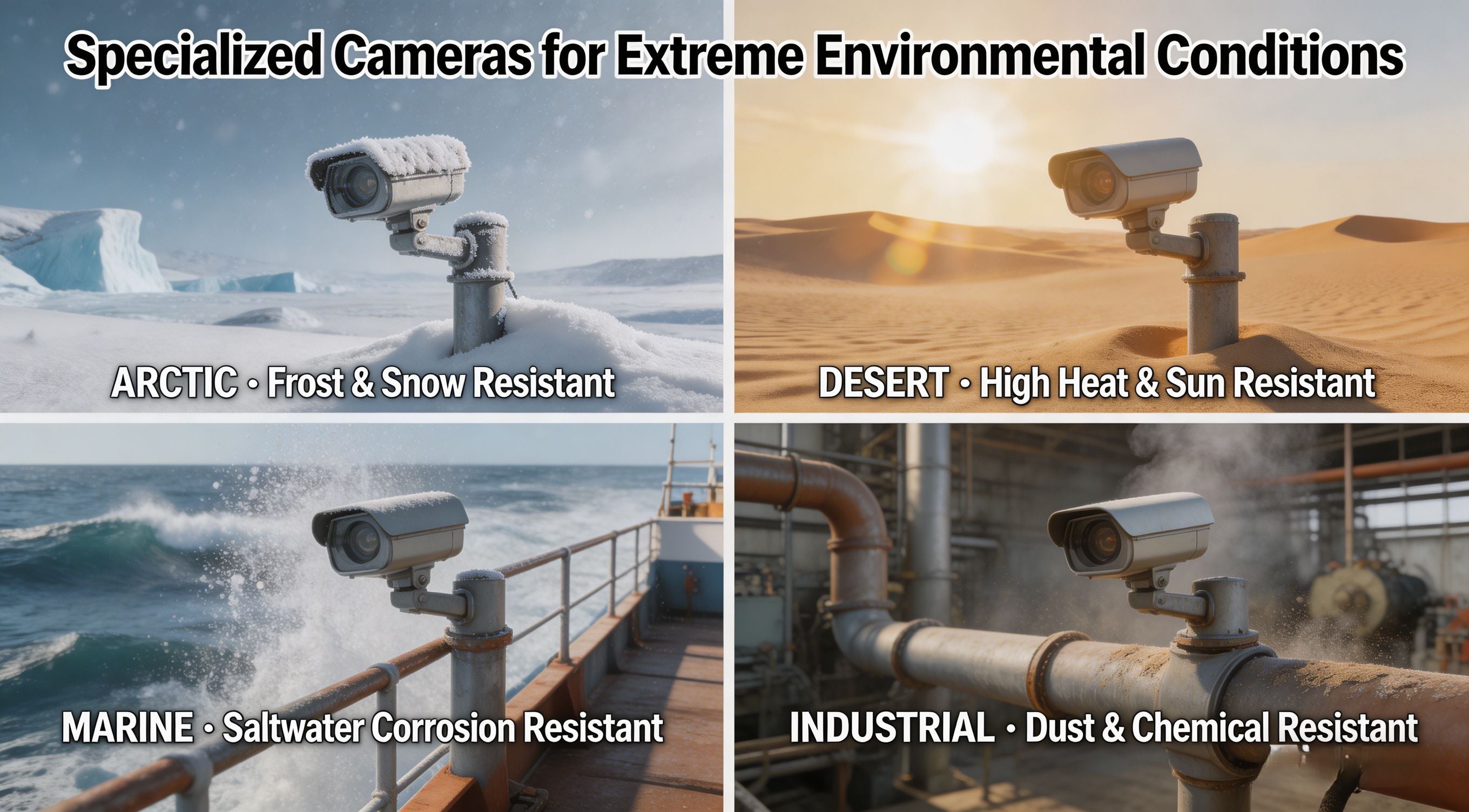 Rugged security cameras operating in extreme environments: industrial facilities, arctic conditions, desert heat, marine applications, and explosion-proof installations