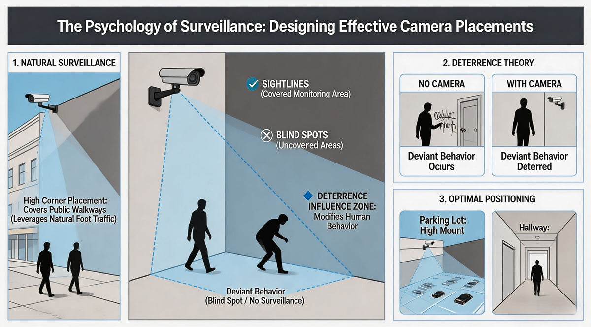 Psychological principles in security camera placement showing deterrence theory, natural surveillance concepts, territorial reinforcement, and human behavior patterns in different environments