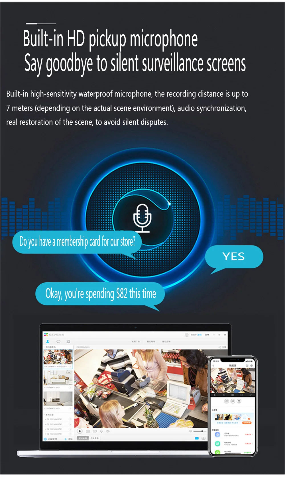 Built-in microphone for high-fidelity audio recording on the IP-4CH camera system.