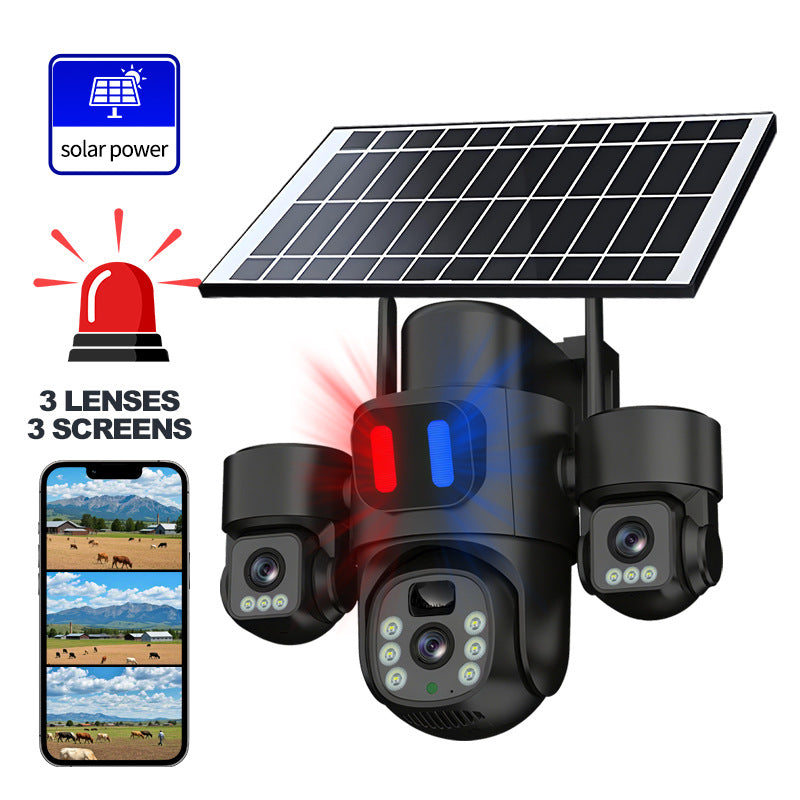 HYS84 Close-up of the advanced 4mm+4mm+4mm triple-lens optical system for sharp multi-angle monitoring.