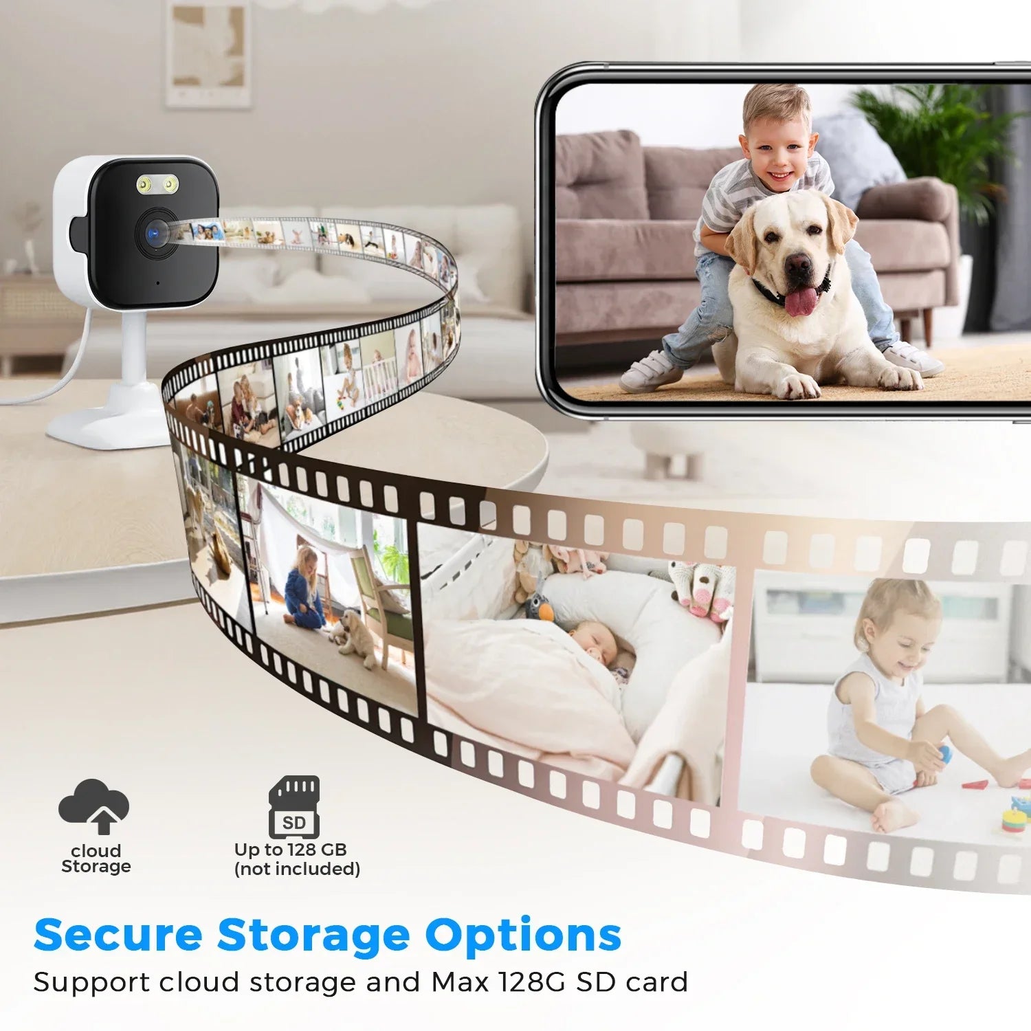Dual Storage Options Support 128GB TF Card and Cloud Service