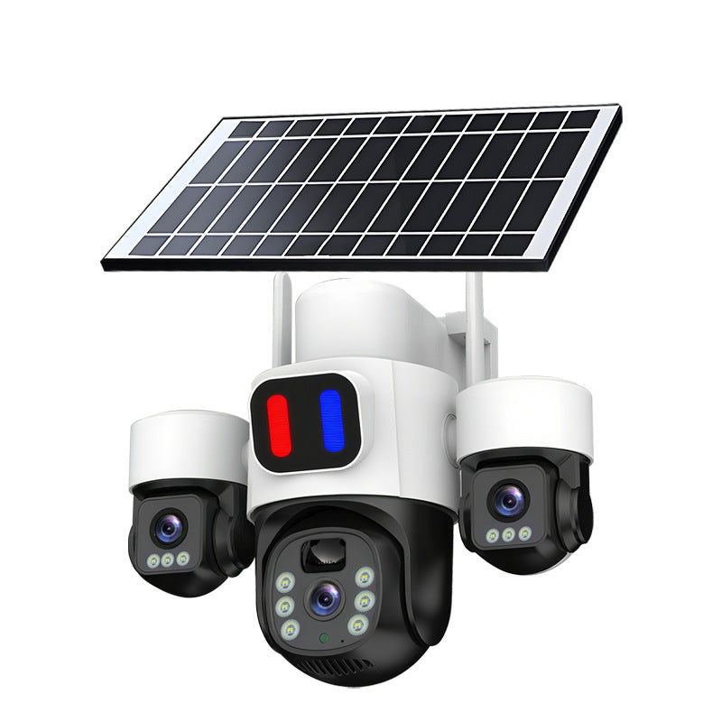 Front view of the HYS84 triple-lens WIFI/4G LTE solar security camera showing the 4mm lenses and PIR sensor - White