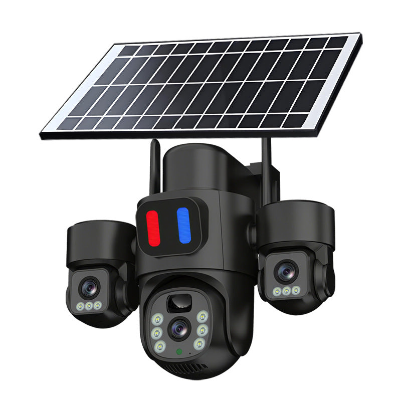 Front view of the HYS84 triple-lens WIFI/4G LTE solar security camera showing the 4mm lenses and PIR sensor - Black