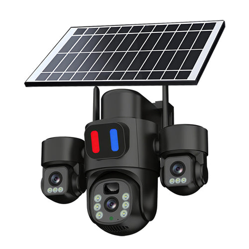 Front view of the HYS84 triple-lens WIFI/4G LTE solar security camera showing the 4mm lenses and PIR sensor - Black