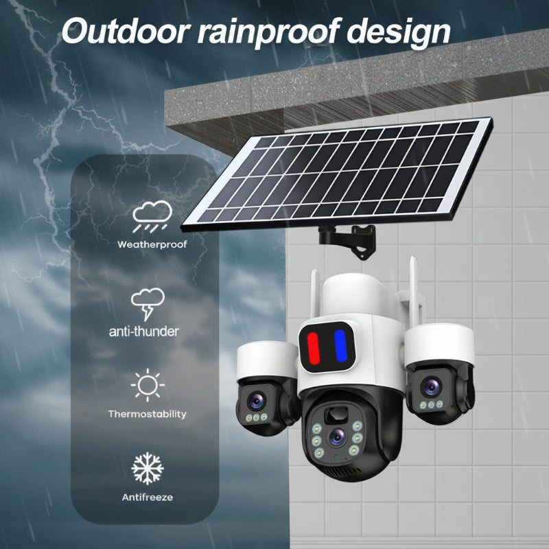 HYS84 The solar security camera installed outdoors on a wall operating flawlessly during heavy rain