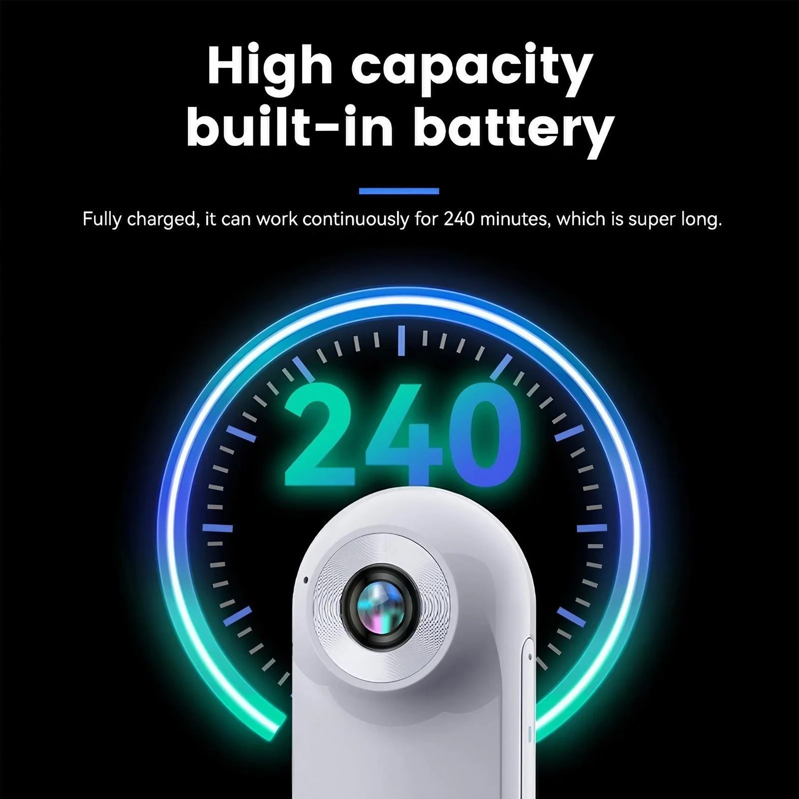 High-capacity battery providing 240 minutes of continuous recording