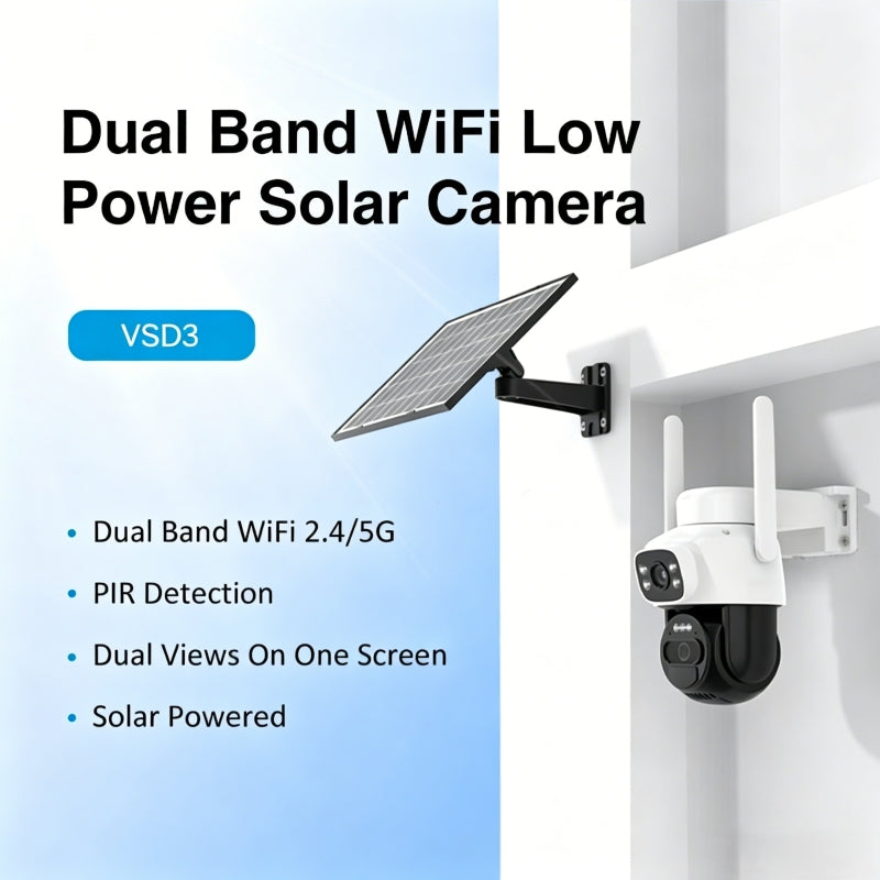 HoweYi VSD3 dual lens solar powered WiFi camera with panorama and tracking capabilities.