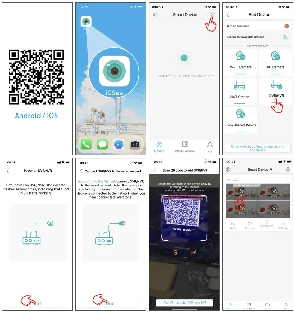 Remote viewing on iOS and Android smartphones via iCSee and XMeye APPs