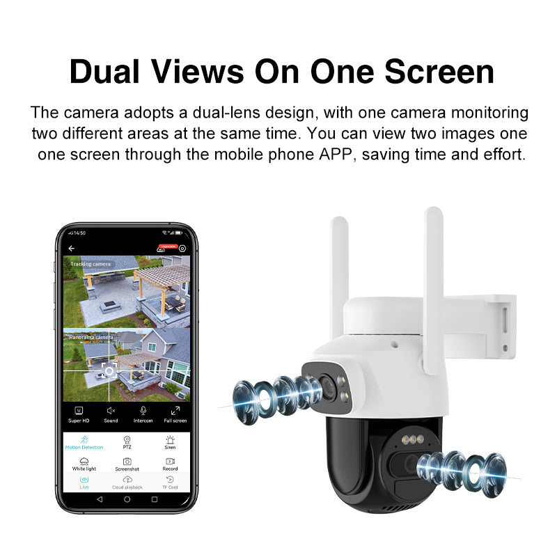 Split-screen monitoring showing panorama and close-up tracking lenses on the O-KAM Pro app