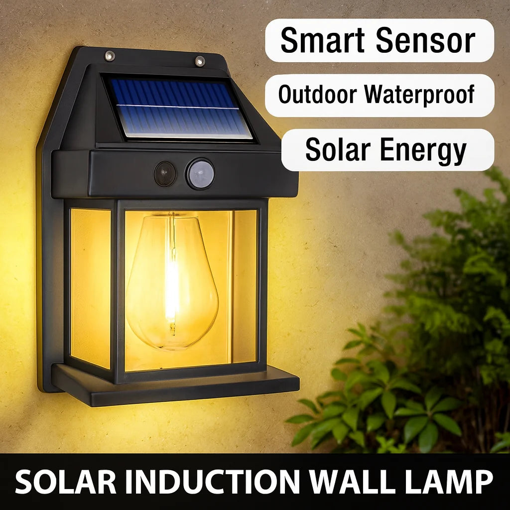 Vintage solar tungsten LED wall light showing warm night ambiance