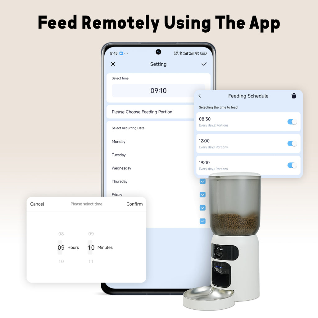 App interface screenshot for setting up timed automatic feeding schedules.