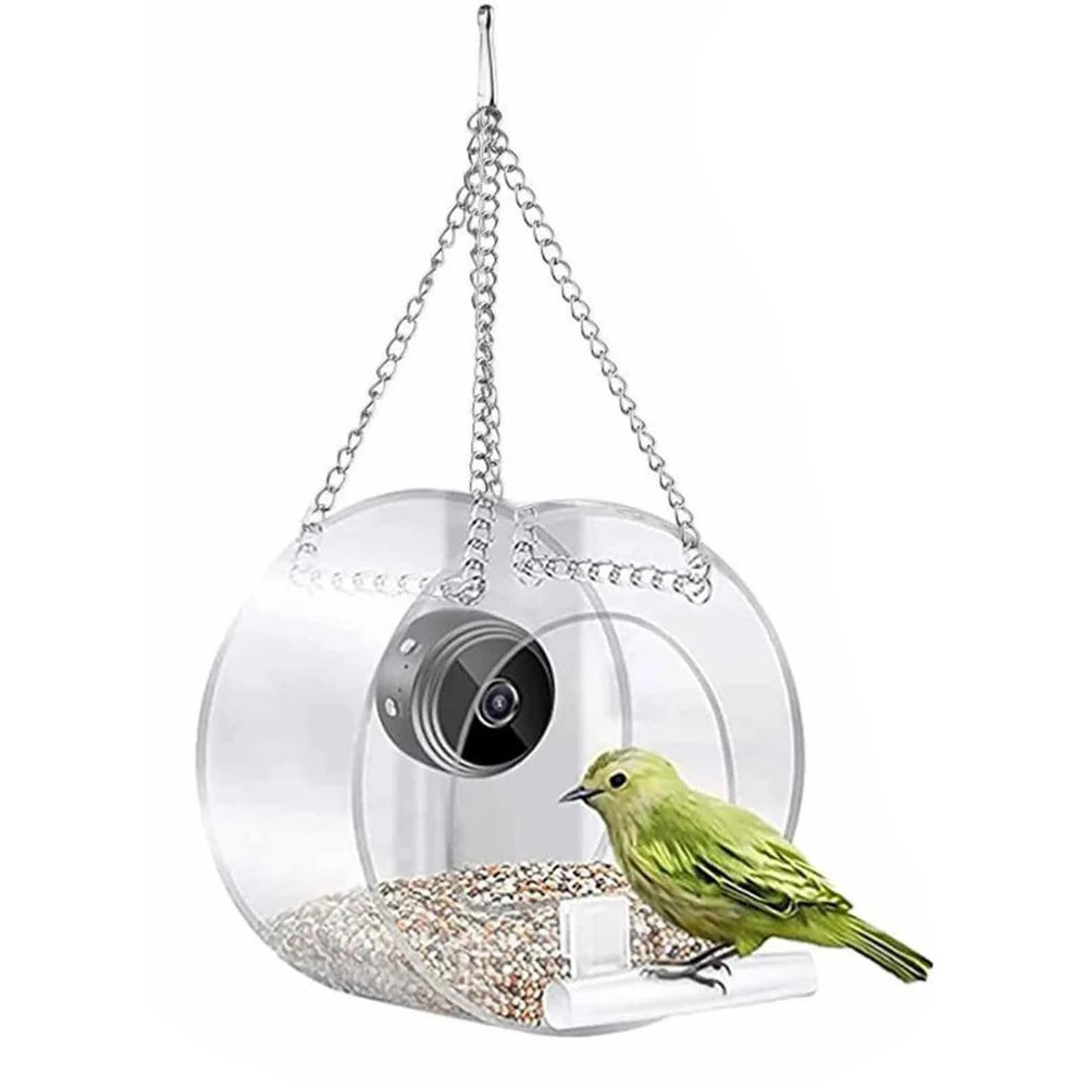 HoweYi HY-PM-B200 hanging acrylic bird feeder with 1080P camera front view