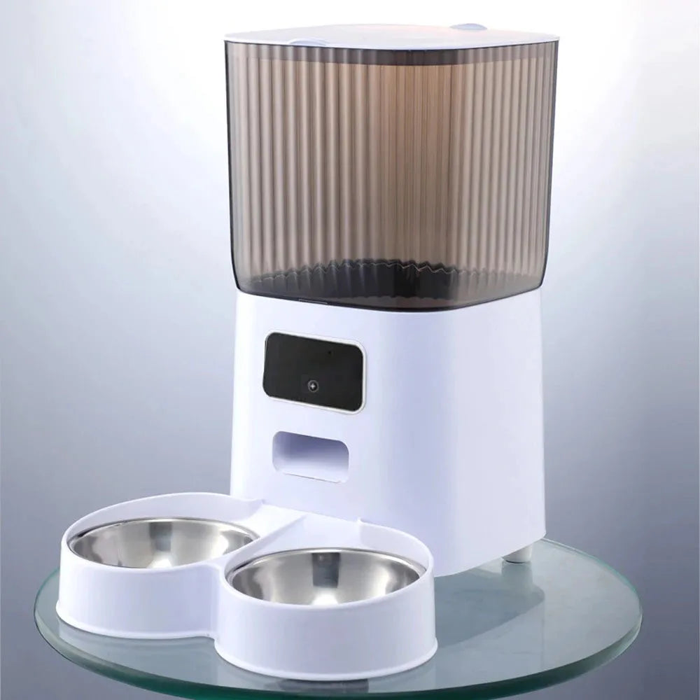 HoweYi HY-PM-F200-DB 5L double bowl automatic cat feeder with camera front view