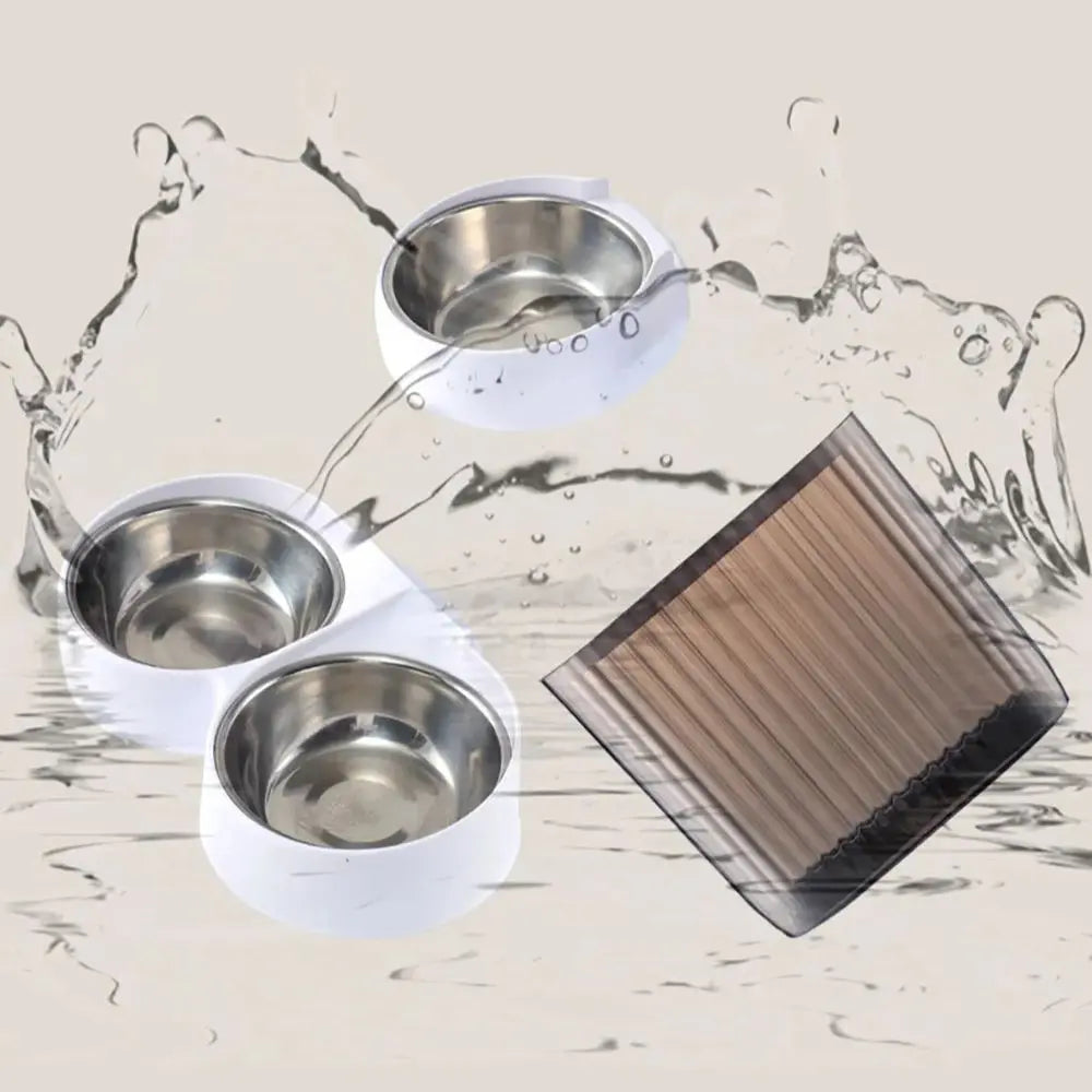 HoweYi HY-PM-F200-DB feeder double stainless steel food bowls closeup	