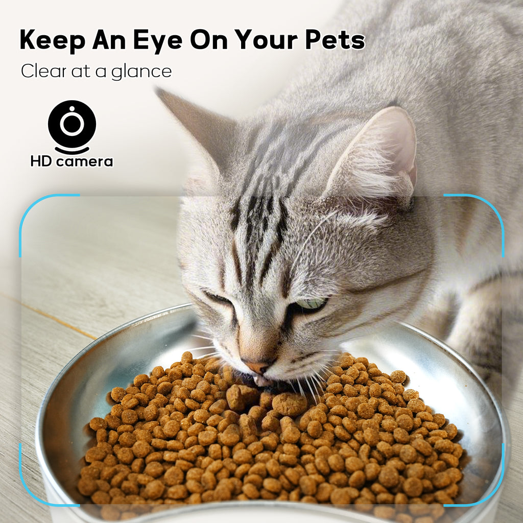 Close-up of the two 2MP cameras (fixed lens and PTZ dome) on the smart pet feeder.