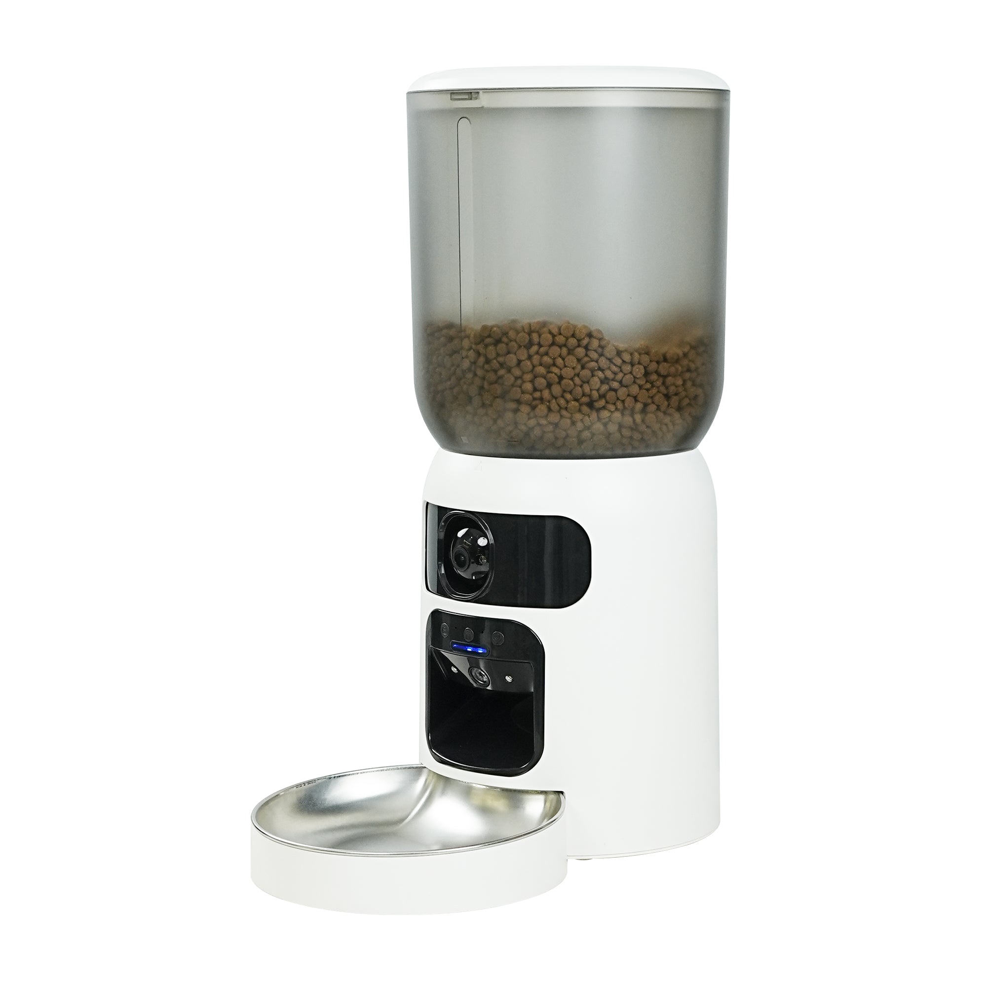 Front view of the PF04-WIFI Binocular Smart Pet Feeder showing dual cameras and food container.