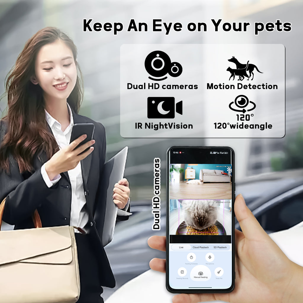 Screenshot of the mobile app showing live dual camera feeds and feeding controls.