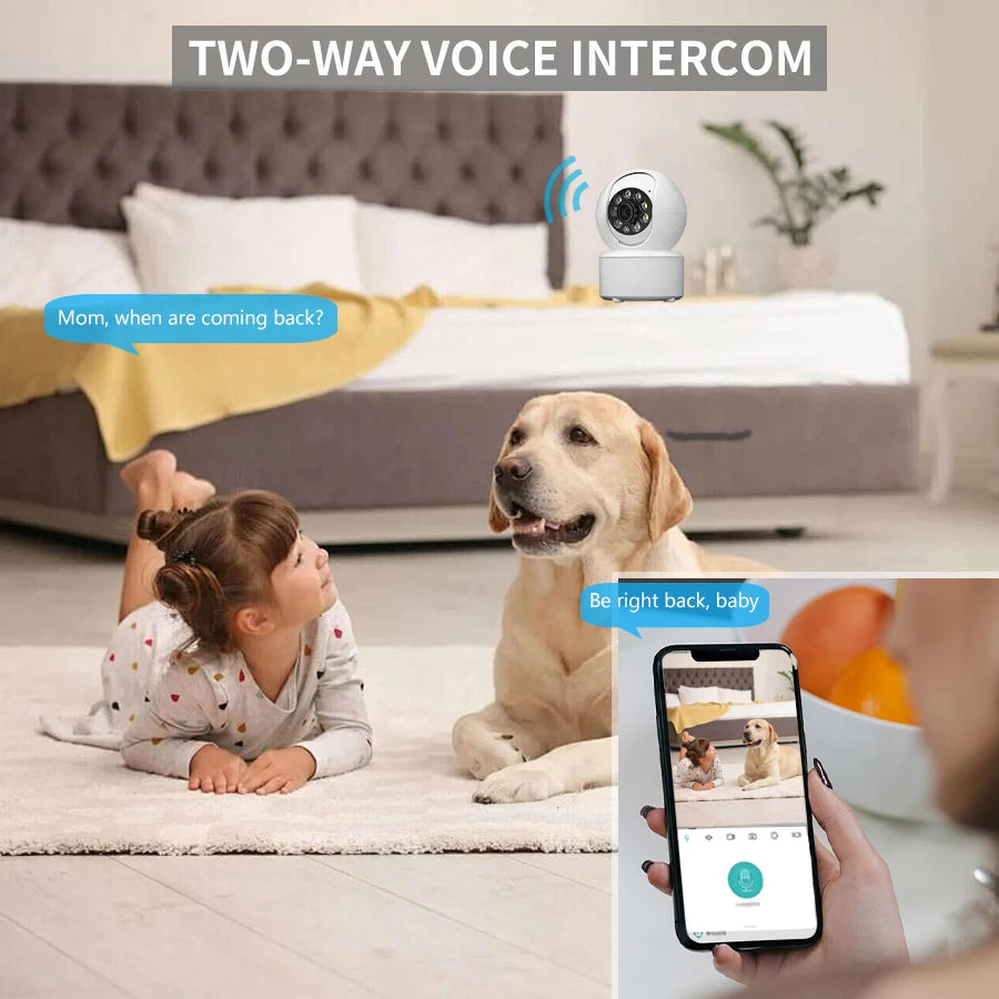 Woman talking to home camera via smartphone app